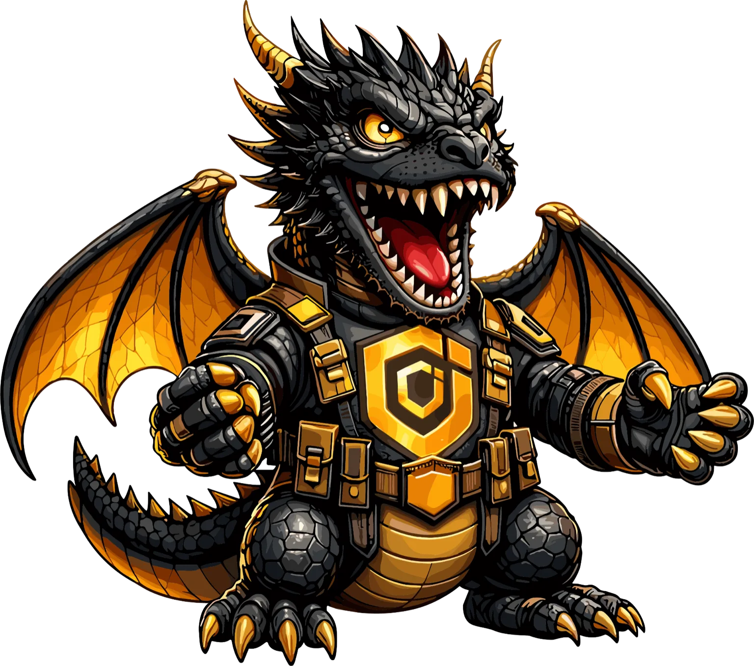 Pyris CROSS-INTEL mascot: armored black and gold dragon